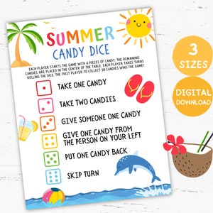 Könnte beinhalten: Ein farbenfrohes, druckbares Spiel mit dem Titel "Summer Candy Dice" mit Illustrationen zum Thema Strand. Das Spiel enthält Anweisungen und Würfelwurfaktionen wie "Nimm ein Bonbon" und "Aussetzen".