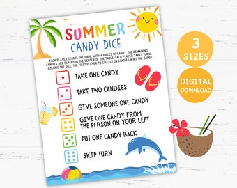 Op de afbeelding: Een kleurrijk printbaar spel getiteld "Summer Candy Dice" met illustraties met strandthema. Het spel bevat instructies en dobbelsteenacties zoals "Neem één snoepje" en "Sla beurt over".