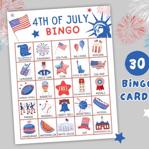 Afdrukbare bingokaarten op 4 juli, 4 juli-feestspellen, activiteiten op 4 juli, spellen op 4 juli, patriottische bingokaart