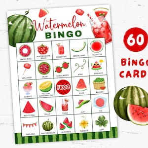 Juego de bingo de sandía (60 cartones), juego imprimible para fiestas de verano, hoja de actividades de picnic con temática de frutas, aula con temática de sandía, juegos infantiles