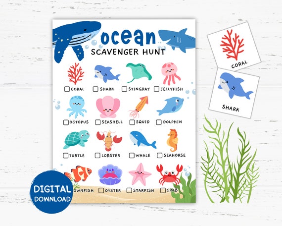 Ocean Scavenger Hunt Printable, Under the Sea Scavenger Hunt, Ocean Activities, Ocean Theme Birthday Party, Under the Sea Games, Beach Games