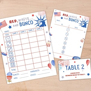 May include: A set of red, white, and blue themed Bunco game sheets. The sheets include scorecards, a table card, and decorative elements like the Statue of Liberty, fireworks, and an American flag. The text "RED, WHITE... AND BUNCO" is displayed.