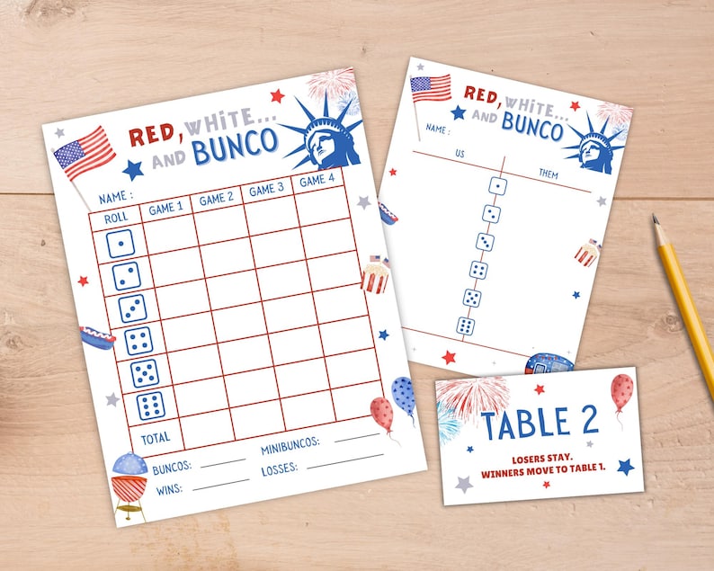 May include: A set of red, white, and blue themed Bunco game sheets. The sheets include scorecards, a table card, and decorative elements like the Statue of Liberty, fireworks, and an American flag. The text "RED, WHITE... AND BUNCO" is displayed.