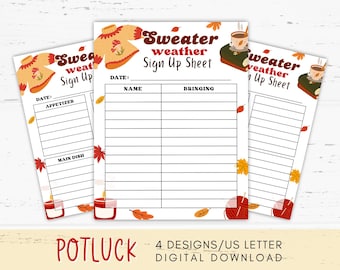 Sweater Weather Fall Potluck Sign Up Sheet, Picnic Sign Up Sheet, Food Sign Up Sheet, Family Potluck, Fall Party Themes, Autumn Party Ideas