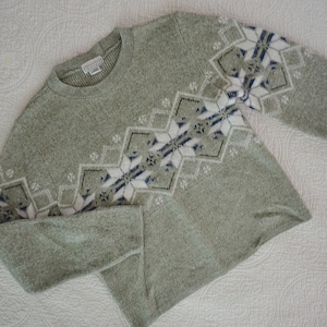 May include: A green sweater with a white, blue, and green geometric pattern. The sweater has a crew neck and long sleeves.