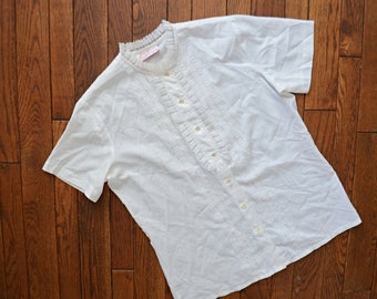 Vintage White Button up Tuxedo Style Blouse by Lady Holiday