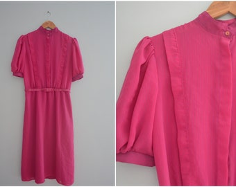 Women's Vintage Pink Midi Belted Dress / Simon Jeffrey London Pink & Purple Striped Dress 80s Does 40s / Puff Sleeve Button Front Dress Sz S