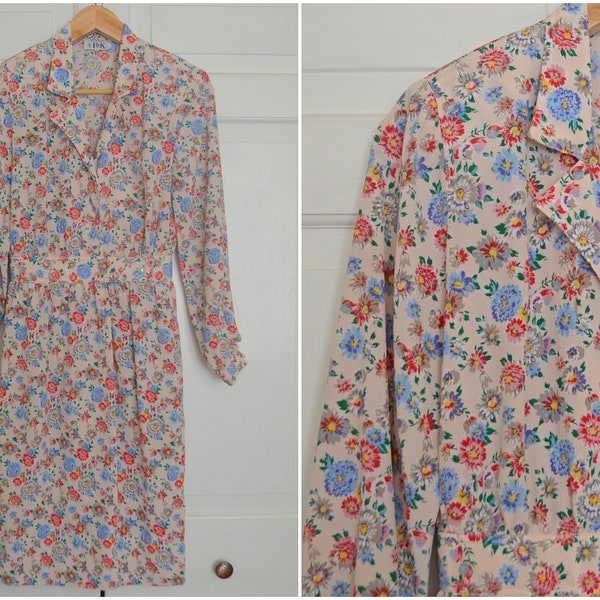 Women's Vintage Floral Midi Shirt Dress / Petites by R&K Long Sleeve Dress with Pockets / Straight Skirt Collared Spring Dress Size XS