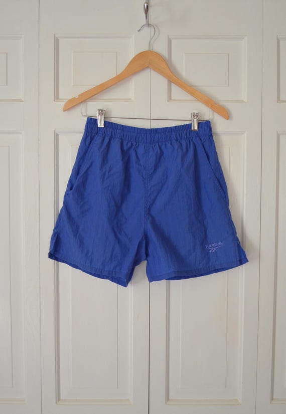 Vintage Drawstring Reebok Athletic Shorts / 90s Blue Workout Elastic Waist Gym Shorts with Pockets Size Small-Med