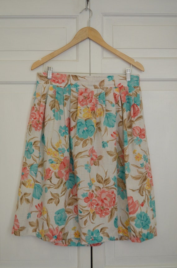 Vintage Coral & Aqua Floral Midi Skirt / Katie Br… - image 3