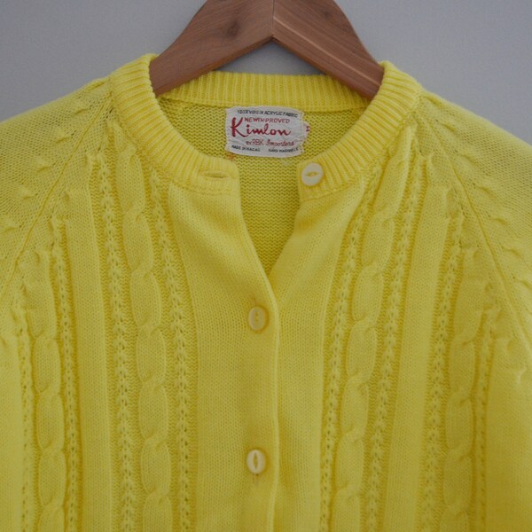 Vintage Women's Yellow Cable Knit Cardigan Size XS / 60s 70s Kimlon by RBK Importers Button Down Yellow Knit Virgin Acrylic Sweater