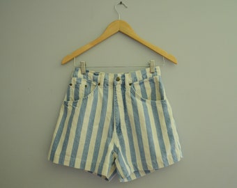 Women's Vintage High Waisted Striped Denim Shorts / 80s 90s Mer Wee White & Blue Denim 5 Pocket Shorts 3.5" Inseam / Jean Shorts 25.5" Waist