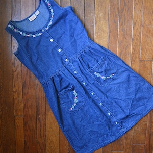 vermont country store denim dress Women's Elegant Embroidered Denim Dress with Pintucks