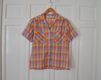 Vintage Frauen Bunt Karierte Button-Down Bluse / 80er Ecco Bay Kurzarm Bunte Bluse Größe M Camp Shirt
