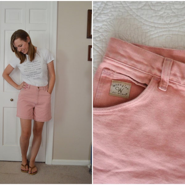 Women's Vintage Pink Denim High Waisted Shorts / 90s Wrangler for Women Long Shorts with Pockets 27" Waist / Pink Jean Shorts 5.5 In Inseam