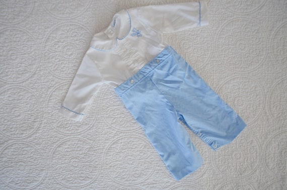 Vintage Baby Boys' Light Blue & White Romper / Nu… - image 1