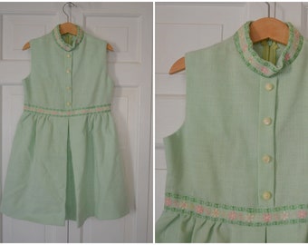 Vintage Girls' Light Green Dress with Embroidery / 60s High Collar Sleeveless Pink and Green Dress / Girls Spring Summer Dress Size 8