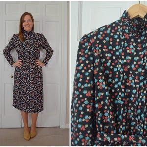 Vintage Ruffle Neck Black Dress with Floral Print / 70s 80s Checkaberry Long Puff Sleeve Midi Dress Sz M / High Neck Elastic Waist Dress