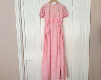 Vintage Women's Regency Style Maxi Dress / Long Pink Floral Empire Waist Dress with Puff Sleeves Size XXS-XS