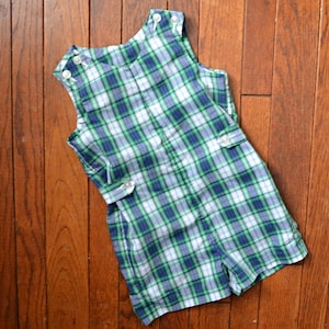 Toddler Boys Vintage Plaid Shortalls / Size 5 Imp Originals Blue & Green Plaid Jon Jon / Shoulder Button Summer Romper Made in USA
