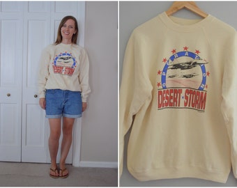 Vintage Operation Desert Storm Sweatshirt / 90s Hanes Cream Raglan Sweatshirt / Crew Neck Vtg Pullover Size XL