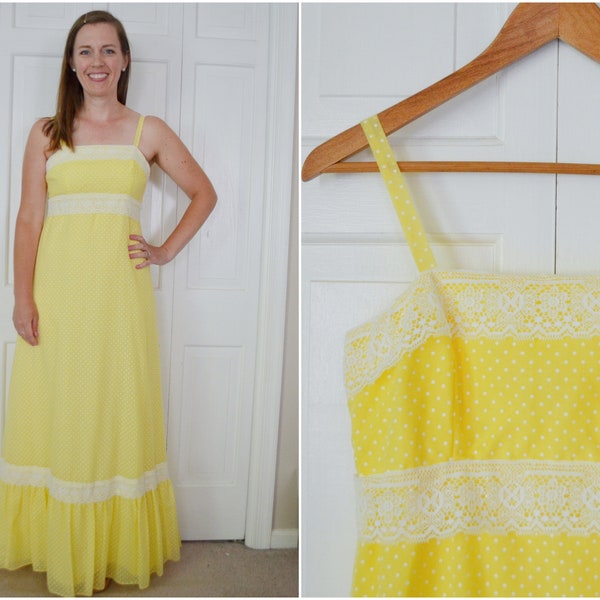 Vintage Yellow Spaghetti Strap Swiss Dot Maxi Dress / Yellow Sleeveless Long Dress with Lace & Ruffle at Hem / Vintage Prom Bridesmaids Sz S