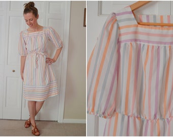 Vintage Women's Pastel Striped Square Neck Midi Dress / 70s 80s Sears The Fashion Place Belted Dress Dress Sz M-L / Elastic Waist Dress