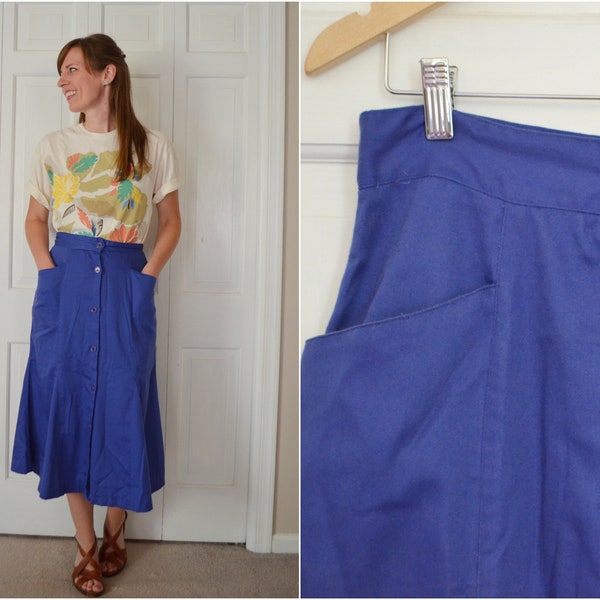 Vintage Button Front Purple Midi Skirt / Diane Von Furstenberg Dark Purple Skirt with Pockets / Mermaid Style DVF Size S Women's Skirt