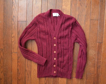 Vintage Burgundy Wool Blend Cardigan Sweater / 50s 60s Barclay V-neck Ribbed Cardigan Size XS-S