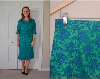 Vintage Blue and Green Women's Vogue Paris Original Skirt Set / 60s Floral Brocade Cropped Jacket and Skirt Set Size Small