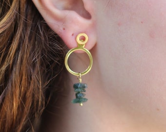 Silver dangle earrings, hoop earrings, chrome diopside earrings, dangling earrings, rough stone earrings greek earrings