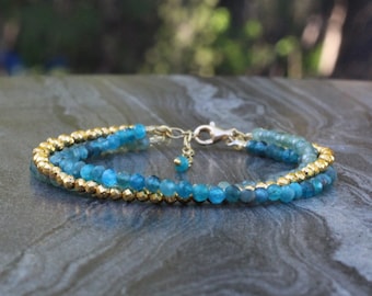 Pyrite bracelet, Apatite bracelet, Beaded bracelet,  triple bracelet, dainty triple bracelet, Bracelet set, skinny bracelet