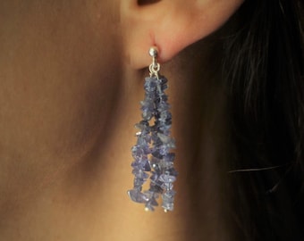 Tanzanite earrings, tanzanite dangling earrings, tanzanite chips earrings, 3 strand tanzanite earrings, tanzanite tassel earrings
