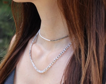 Long boho necklace, double strand necklace, Moonstone necklace, Pearls necklace, beaded necklace, pyrite necklace, mix gemstones necklace