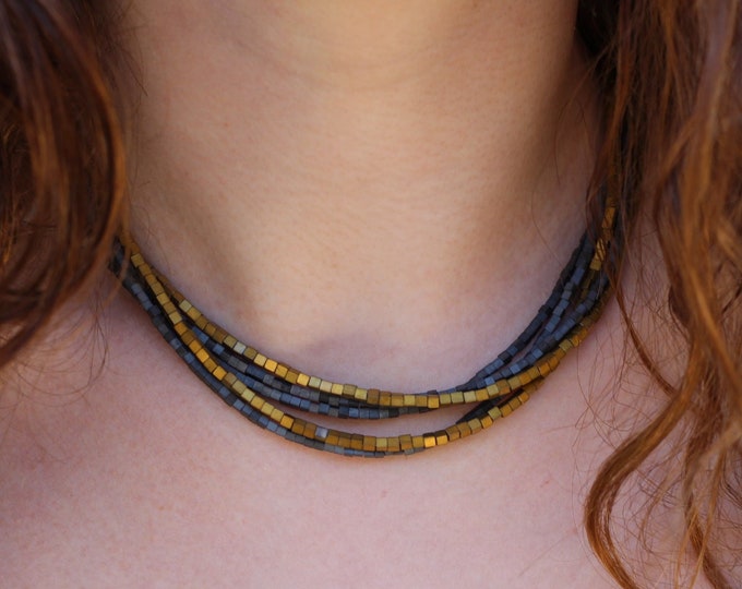 Featured listing image: Hematite Beaded Choker: Sterling Silver Clasp, Multistrand Necklace