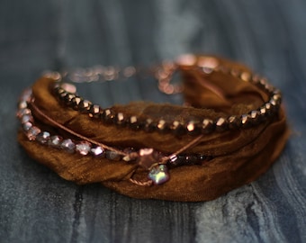 Silk ribbon bracelet, multistrand bracelet, charm bracelet, silk wrap bracelet, woven silk bracelet, boho bracelet, fairy ribbon bracelet