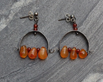 oxidized earrings, carnelian teardrop earrings, carnelian earrings,  hammered earrings, dangling earrings, greek earrings, grecian earrings