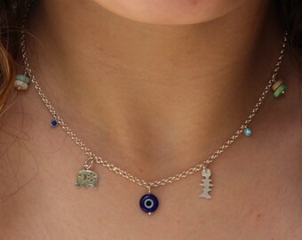 Charm necklace, charm choker, evil eye choker, islandwear necklace, zirconia charm necklace, evil eye necklace, fishbone choker