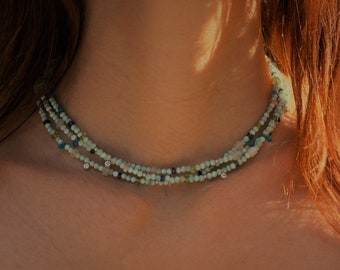 Larimar necklace, Beaded choker, dainty beaded choker, Ultra dainty larimar necklace, dainty beaded necklace, triple necklace