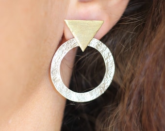 Hoop earrings, mixed metal earrings, Greek earrings, grecian earrings, sterling silver and bronze earrings, triangle earrings