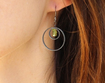 oxidized hoops, double hoops, peridot hoops, peridot earrings, oxidized earrings, wide hoops, hammered hoops, hammered texture hoops
