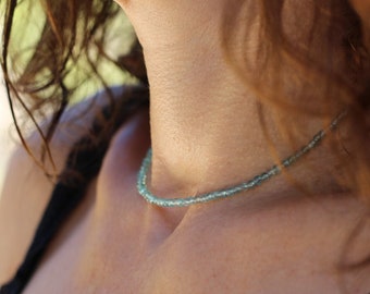 Apatite Choker: Dainty Beaded Sterling Silver Necklace, December Birthstone