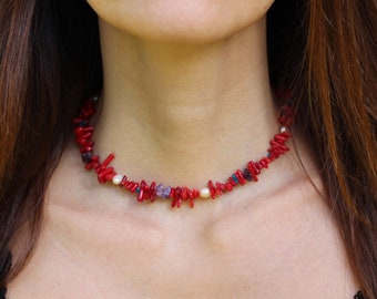 Coral necklace, Red coral necklace, beaded necklace, summerwear necklace, coral stick necklace, raw coral necklace