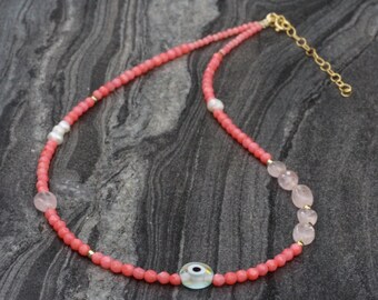 Evil eye necklace, coral necklace, charm choker, evil eye choker, islandwear necklace, pearl necklace, dainty choker, coral choker