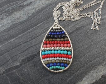 Mutlicolor Hand-Knotted Pendant Necklace with Sterling Silver, Japanese Glass Beads - Gemstones, Adjustable 60-64cm