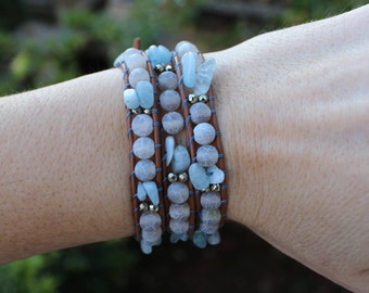 Aquamarine wrap leather bracelet, gemstone beaded bracelet, multiple strands bracelet, tree of life bracelet