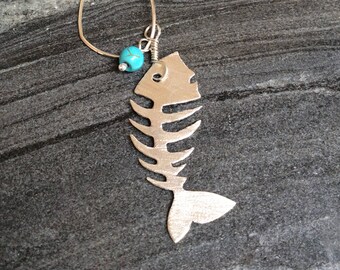 Fishbone necklace, Fishbone charm necklace, Hand cut pendant, Fishbone pendant, sterling silver pendant, summer howlite pendant