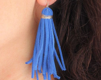 Greek earrings, Suede tassel earrings, suede fringe earrings, sterling silver suede earrings, dangle suede earrings, boho tassel earrings