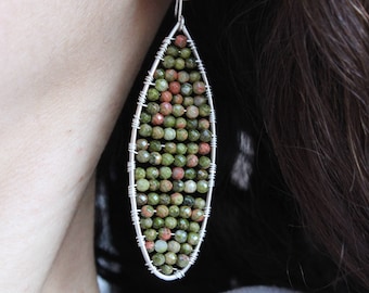 Teardrop earrings, unakite earrings, Wire wrapped mosaic earrings, Seed bead earrings, bohemian Earrings, Tiny Bead Earrings, long Earrings