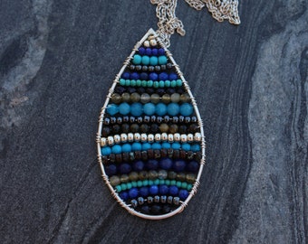 Beaded pendant, wire wrapped pendant, Mosaic pendant, Teardrop pendant, seed bead pendant, gupsy pendant